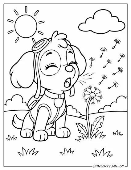 Skye Sneezing Dandelion Fluff in a Sunny Meadow With a Surprised Face Coloring Page