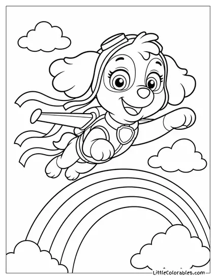 Skye Soaring Over a Rainbow With a Dreamy Smile and Trailing Ribbons Coloring Page