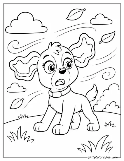 Skye Startled as a Gust of Wind Flips Her Ears Inside Out Above a Windy Meadow Coloring Page