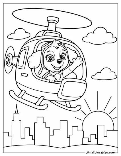 Skye Waving From Her Helicopter Window Over a City Skyline at Sunset Coloring Page