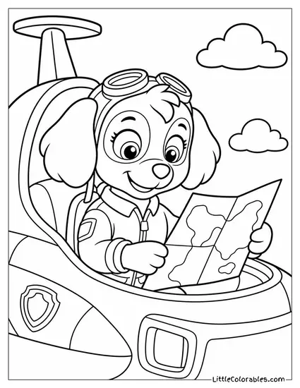 Skye Wearing a Flight Jacket and Checking a Map Inside Her Cockpit Coloring Page