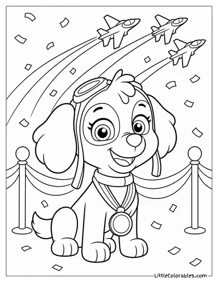 Skye Wearing a Medal at an Air Show With Ribbons Confetti and Colorful Jets Flying Past Coloring Page