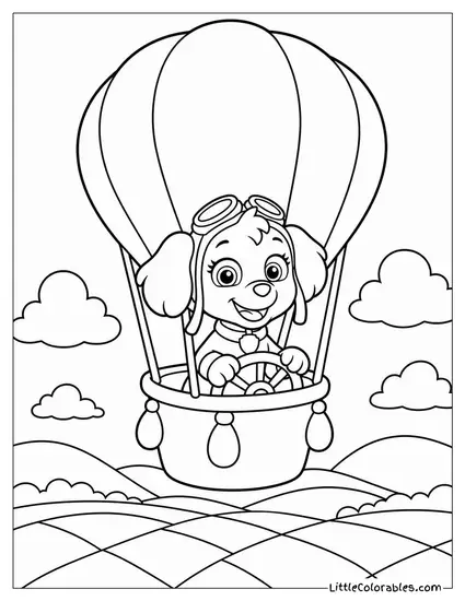 Skye Wearing a Pilot Hat Steering a Hot Air Balloon Above a Patchwork Countryside Coloring Page