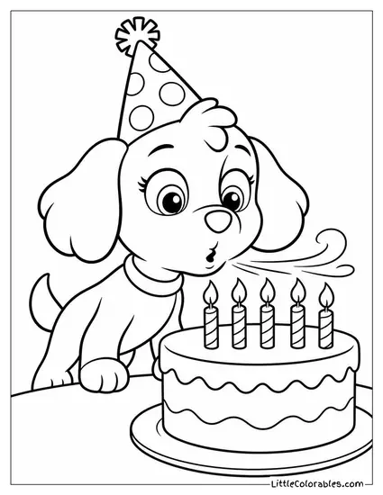 Skye Wearing a Sparkly Party Hat Blowing Out Birthday Candles on a Big Cake Coloring Page