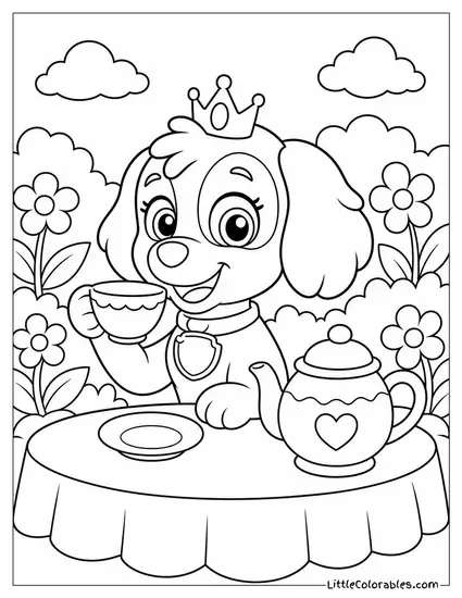 Skye Wearing a Tiny Crown at a Royal Tea Party in a Blooming Garden Coloring Page