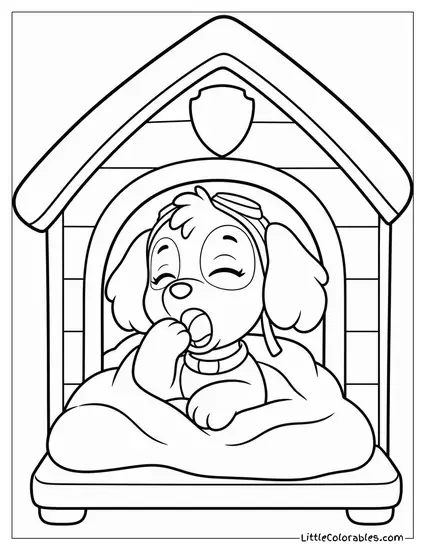 Skye Yawning Sleepily in a Cozy Blanket Inside Her Pup House Coloring Page