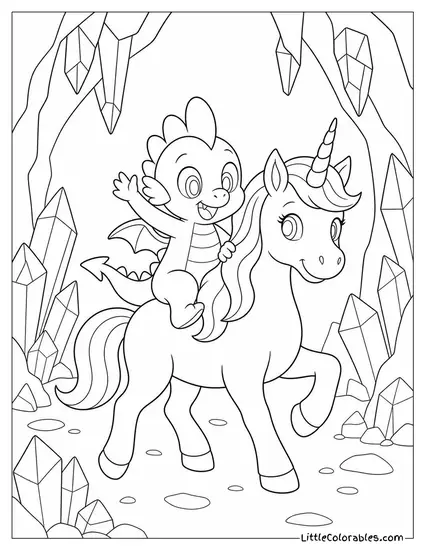 Spike the Dragon Riding on a Unicorn's Back Through a Crystal Cave Coloring Page