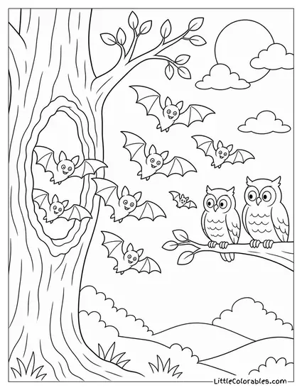 Swarm of Bats Streaming Out of a Hollow Tree at Midnight as Owls Watch Coloring Page