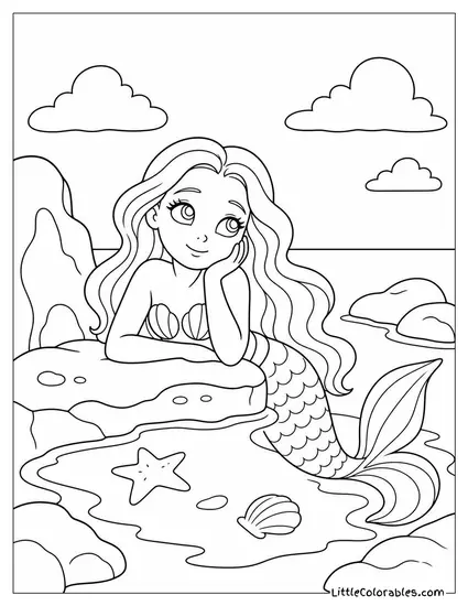 Syrena the Mermaid Gazing Longingly From a Rocky Tide Pool Coloring Page