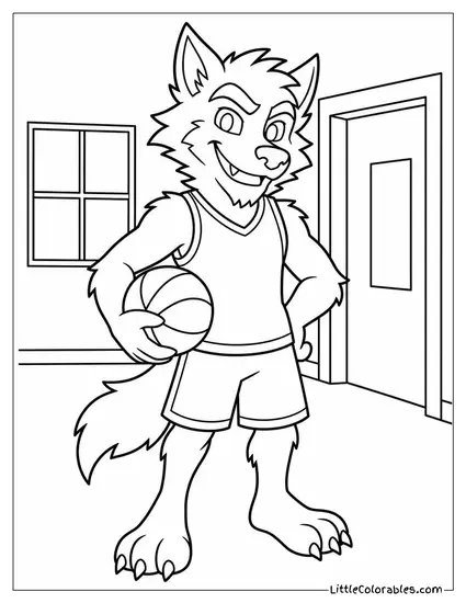 Teen Wolf Style Werewolf Grinning With a Basketball Under One Arm Coloring Page