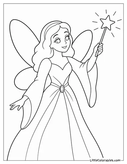 The Blue Fairy From Pinocchio Waving a Glowing Star Wand Coloring Page