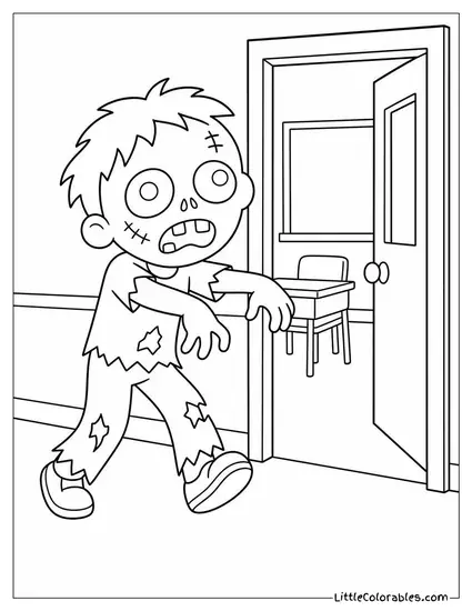 Timmy the Zombie Classmate From a Cartoon School Stumbling to Class Coloring Page