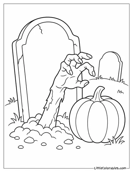 Tombstone With a Zombie Arm Reaching Out Grabbing at a Pumpkin Coloring Page