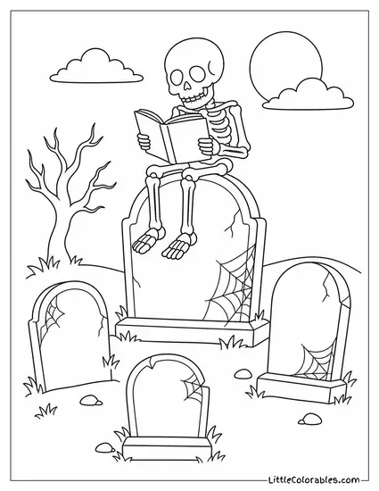 Tombstones With Funny Epitaphs Cobwebs and a Skeleton Sitting on Top Reading a Book Coloring Page