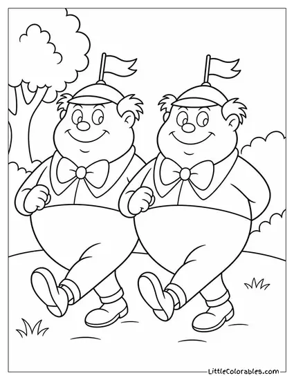 Tweedledee And Tweedledum Marching Side By Side In Matching Outfits Coloring Page