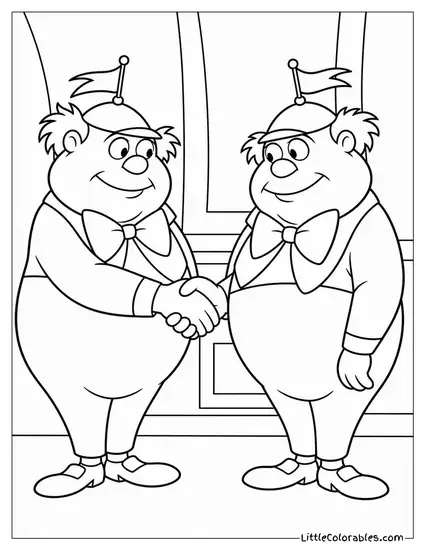 Tweedledee And Tweedledum Shaking Hands Before A Silly Argument Coloring Page
