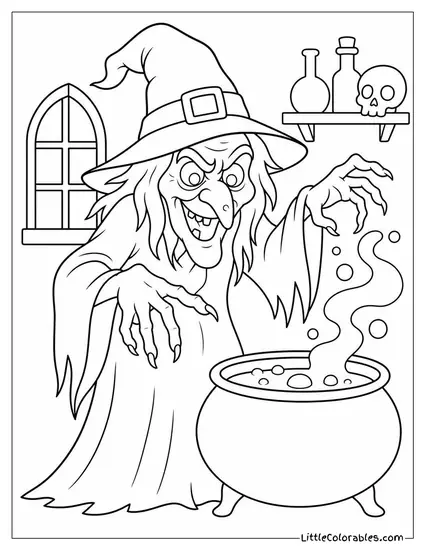 Twisted Old Witch With a Hooked Nose and Bony Fingers Casting a Dark Curse Coloring Page