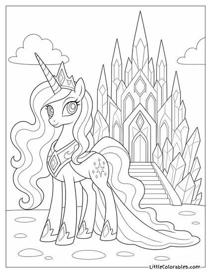 Unicorn Queen Standing Before a Glowing Crystal Palace Coloring Page
