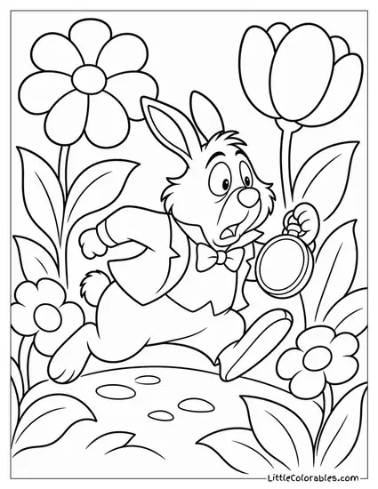 White Rabbit Hopping Frantically Through A Field Of Giant Flowers Coloring Page