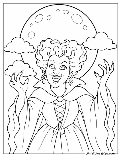 Winifred Sanderson Cackling Beneath a Full Harvest Moon Coloring Page