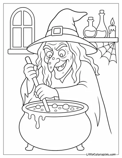 Withered Old Witch With a Crooked Wart Covered Nose Stirring a Putrid Green Brew Coloring Page