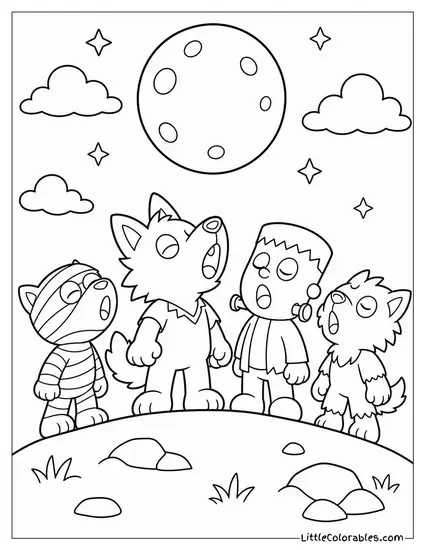 Wolfie From the Cartoon Monster Squad Howling With Friends at Midnight Coloring Page