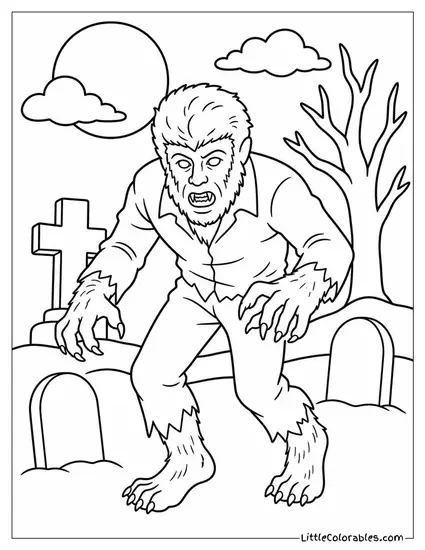 Wolfman From Universal Monsters Prowling Through a Foggy Graveyard Coloring Page