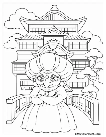 Yubaba Standing Before Her Towering Bathhouse With Arms Crossed Coloring Page