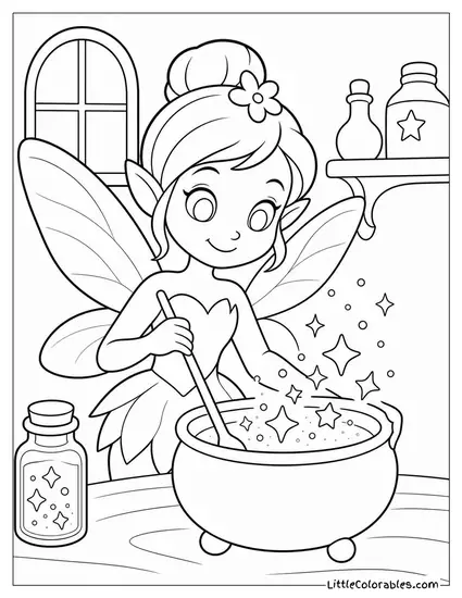 Zarina the Pixie Dust Keeper Fairy Mixing Glowing Golden Dust Coloring Page