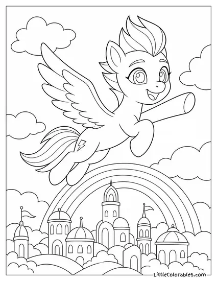 Zipp Storm Soaring High Above a Rainbow Colored Kingdom Coloring Page