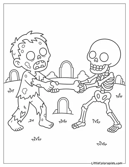 Zombie and Skeleton Playing Tug of War Over a Bone in the Middle of a Graveyard Coloring Page