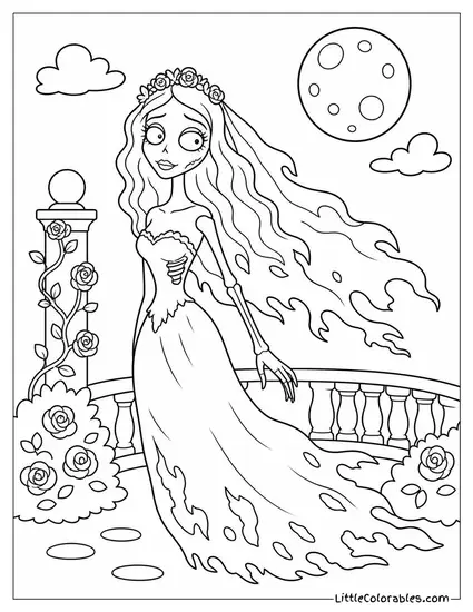 Zombie Bride From Corpse Bride Drifting Through a Moonlit Garden Coloring Page