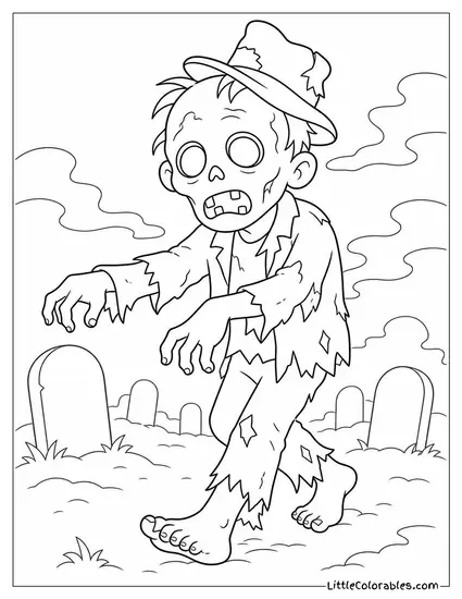 Zombie Dragging Its Feet Through a Foggy Graveyard With a Tattered Hat Askew Coloring Page