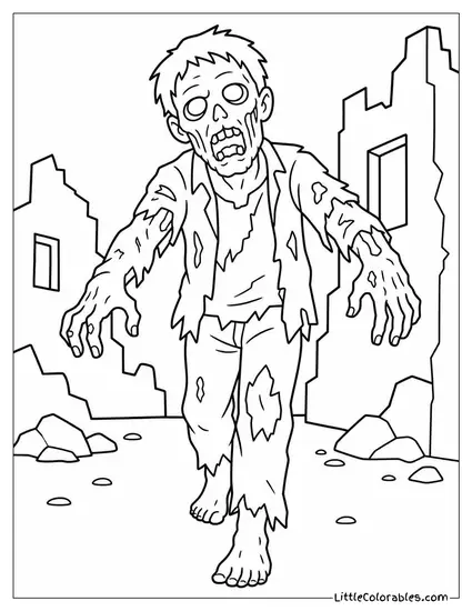Zombie From The Walking Dead Style TV Show Shambling Through Ruins Coloring Page