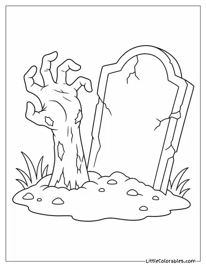 Zombie Hand Bursting Out of the Ground Beside a Crooked Tombstone Coloring Page