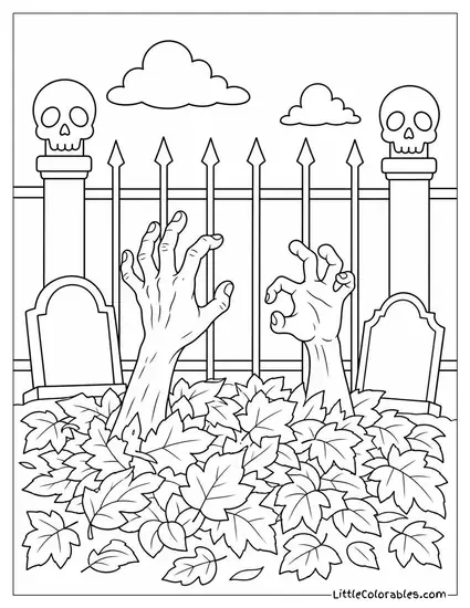 Zombie Hands Emerging From a Pile of Autumn Leaves Beside a Skull Topped Fence Coloring Page