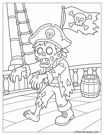 Zombie Pirate From a Cartoon Crew Shuffling Across a Ghost Ship Deck Coloring Page