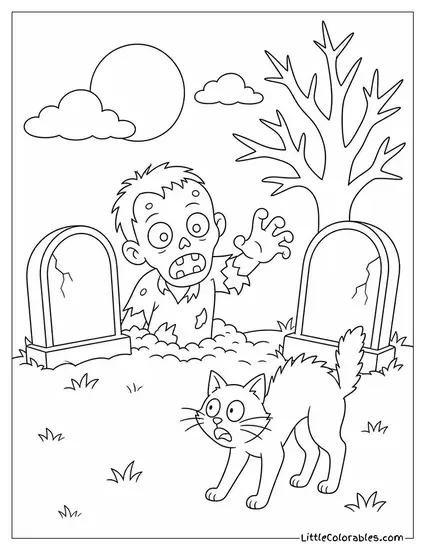 Zombie Popping Up Between Two Tombstones While a Startled Black Cat Arches Its Back Coloring Page