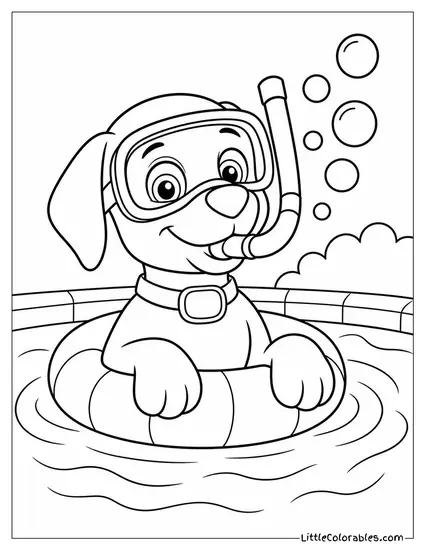 Zuma Blowing Bubbles With a Snorkel While Floating in a Pool Coloring Page