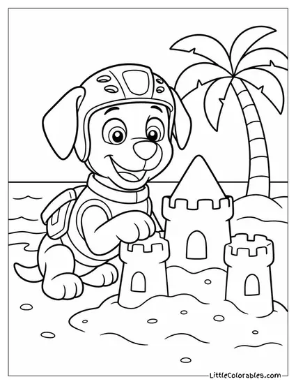 Zuma Building a Sandcastle on a Tropical Beach With a Proud Smile Coloring Page