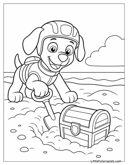 Zuma Digging in the Sand and Finding a Shiny Treasure Chest Coloring Page
