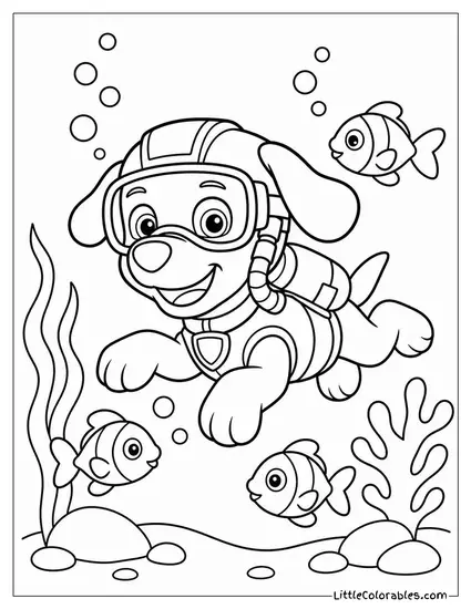 Zuma Diving Beneath the Ocean in Scuba Gear Surrounded by Colorful Fish Coloring Page