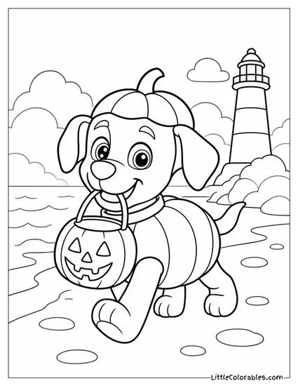 Zuma Dressed as a Pumpkin Trick or Treating Along a Foggy Shoreline Coloring Page