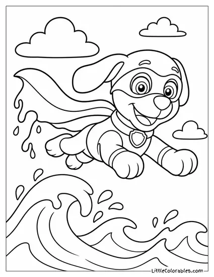 Zuma Dressed as a Superhero With a Wet Cape Flying Over the Waves Coloring Page