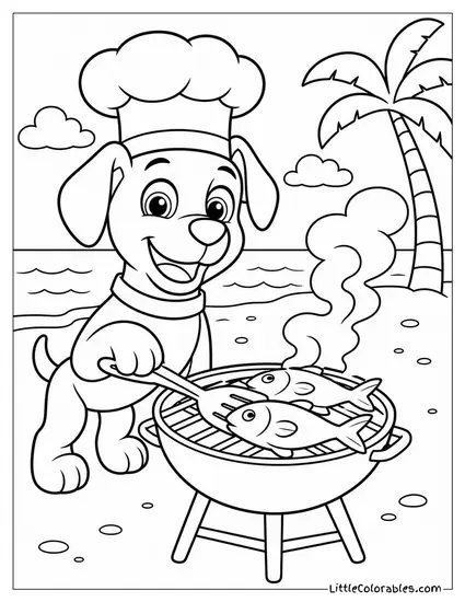 Zuma in a Chef Hat Grilling Fish on a Beach Barbecue With Smoke Curling Coloring Page