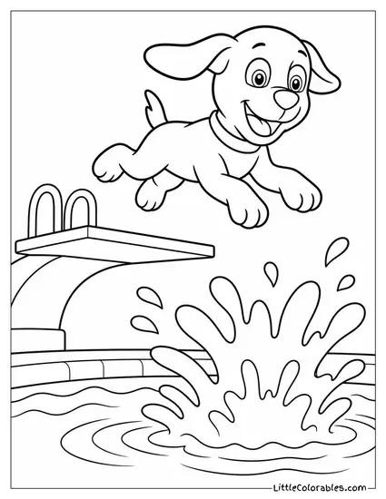 Zuma Jumping Off a Diving Board Into a Sparkling Pool With a Big Splash Coloring Page