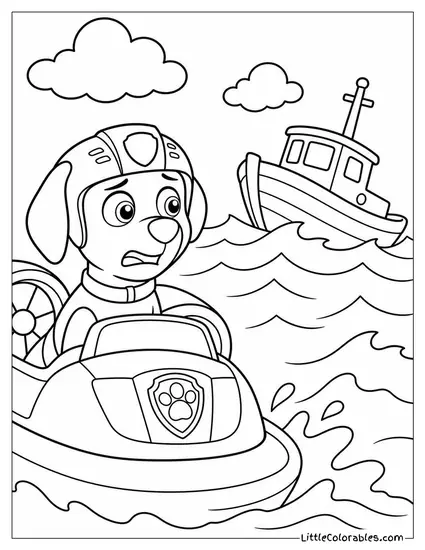 Zuma Looking Worried as He Spots a Boat Drifting in Rough Seas Coloring Page