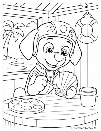 Zuma Painting a Seashell With a Tiny Brush in a Cozy Beach Hut Coloring Page