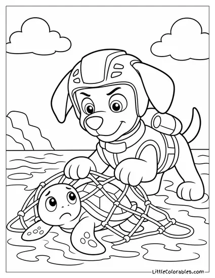 Zuma Rescuing a Baby Turtle Tangled in a Net With a Determined Face Coloring Page