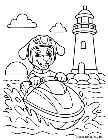 Zuma Riding a Jet Ski Around a Lighthouse at Sunset Coloring Page